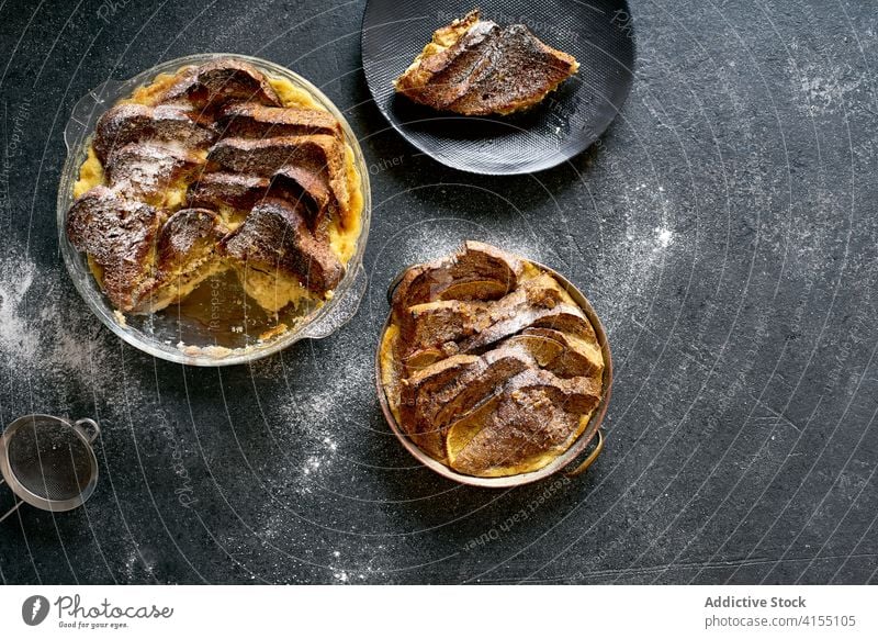 Sweet bread pudding with orange zest butter food custard delicious dessert meal sweet pastry vanilla homemade recipe background cuisine tasty sauce closeup