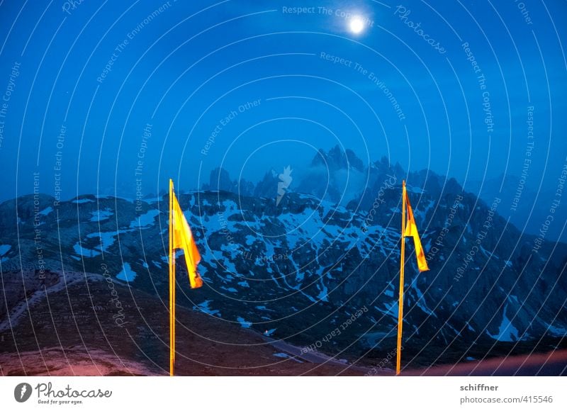 moonlit Environment Nature Landscape Moon Full  moon Rock Alps Mountain Peak Snowcapped peak Glacier Dark Blue Flag Flagpole South Tyrol Dolomites Vantage point