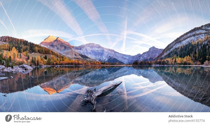 Calm clear lake in mountains reflection highland spectacular scenery landscape pond water smooth surface amazing picturesque breathtaking range majestic calm