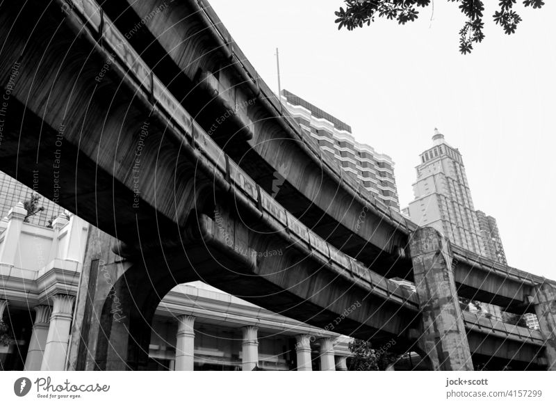 Skytrain (Red Fai Fah) Traffic infrastructure High-rise Downtown Bangkok Thailand Architecture Mono rail concrete pillar railway line Worm's-eye view