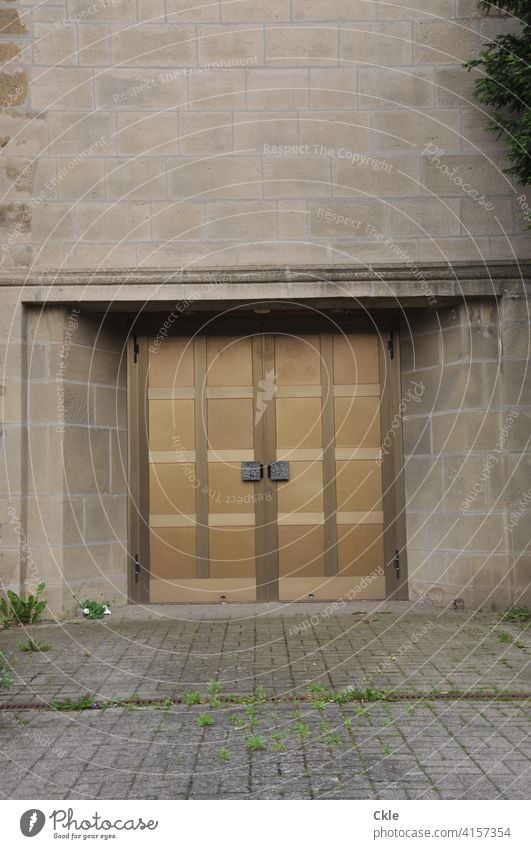 entrance Portal doors Entrance entree Facade forecourt Church entrance Chapel Closed Weed Expectation Stone facade Deserted Goal Exterior shot Front door