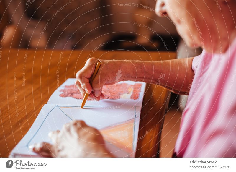 Older woman painting on a notebook old alzheimer mental health pencil retirement grandmother pensioner senior dementia female house elderly retired alone indoor