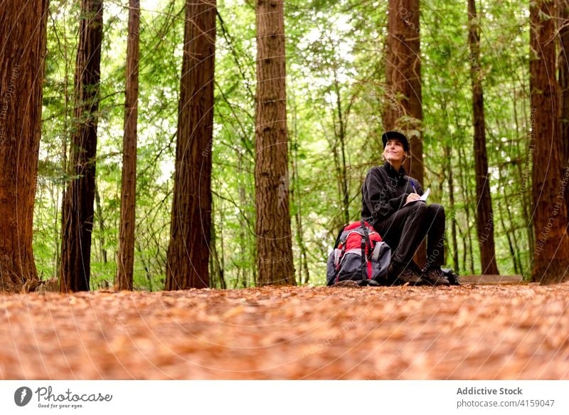 Traveling woman taking notes in notebook in woods explorer take note forest journey destination tourist tree female cantabria natural monument of sequoias spain