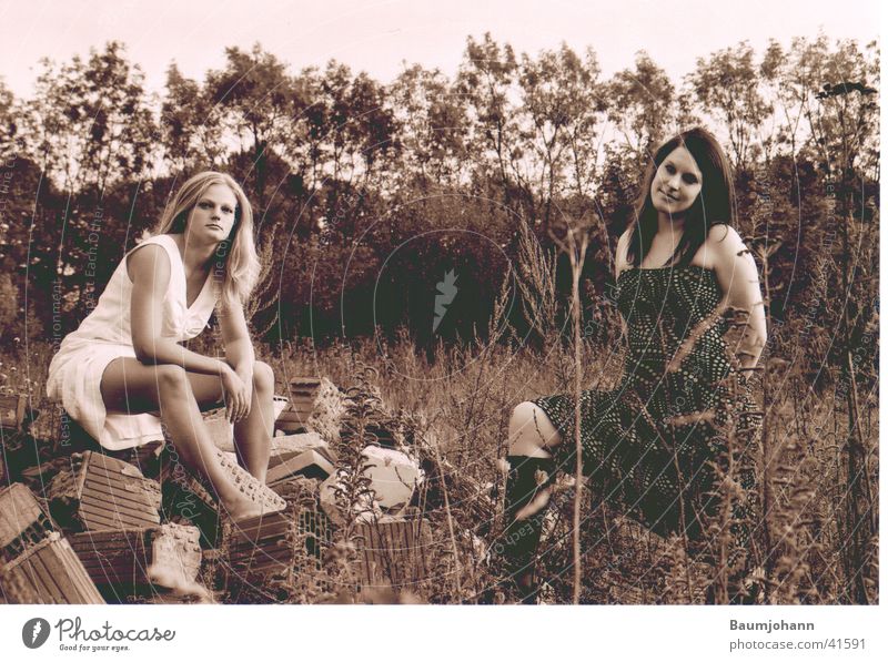 rural youth Meadow Stand Woman Dress Sit Black & white photo Sepia