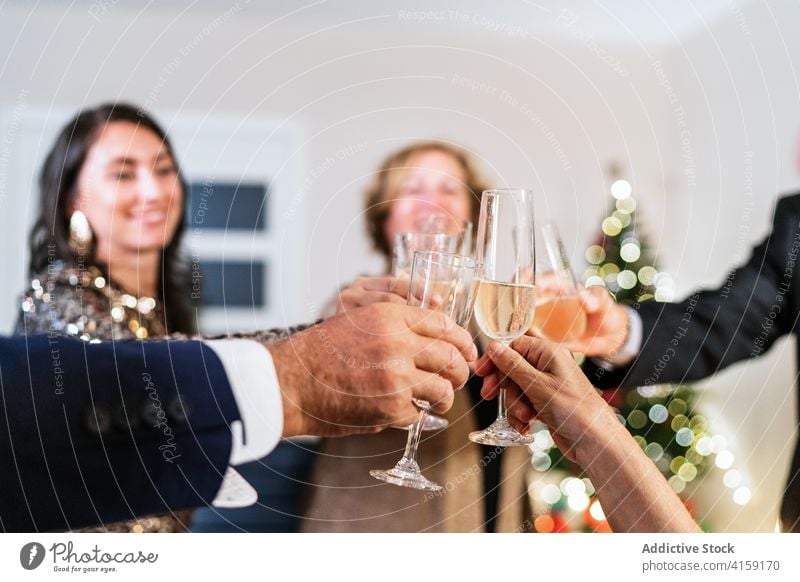 Company of people celebrating Christmas together christmas party home celebrate clink glass company cheers champagne beverage toast gather event occasion group