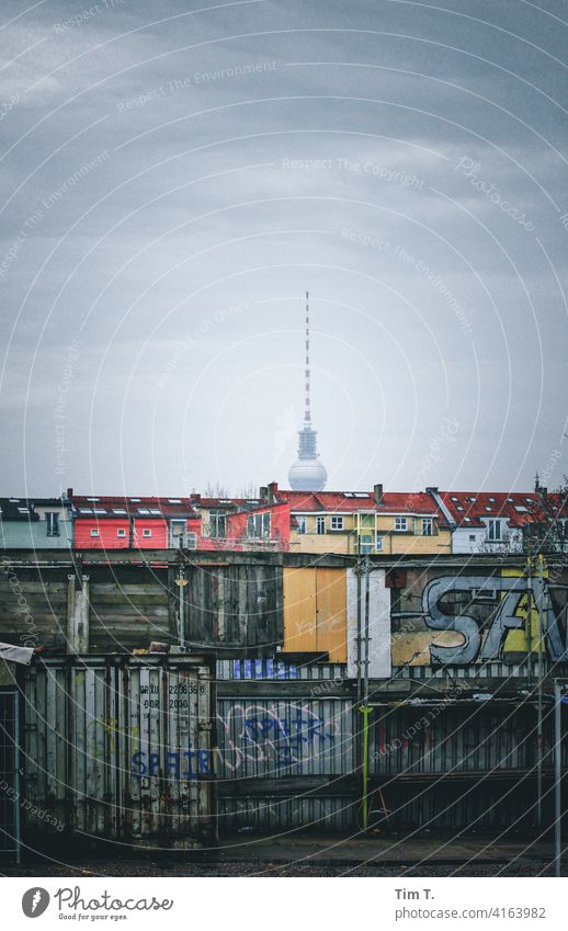 View from Mauerpark wall park Television tower Graffiti Container Prenzlauer Berg Berlin Town Capital city Downtown Exterior shot Old town Deserted Day