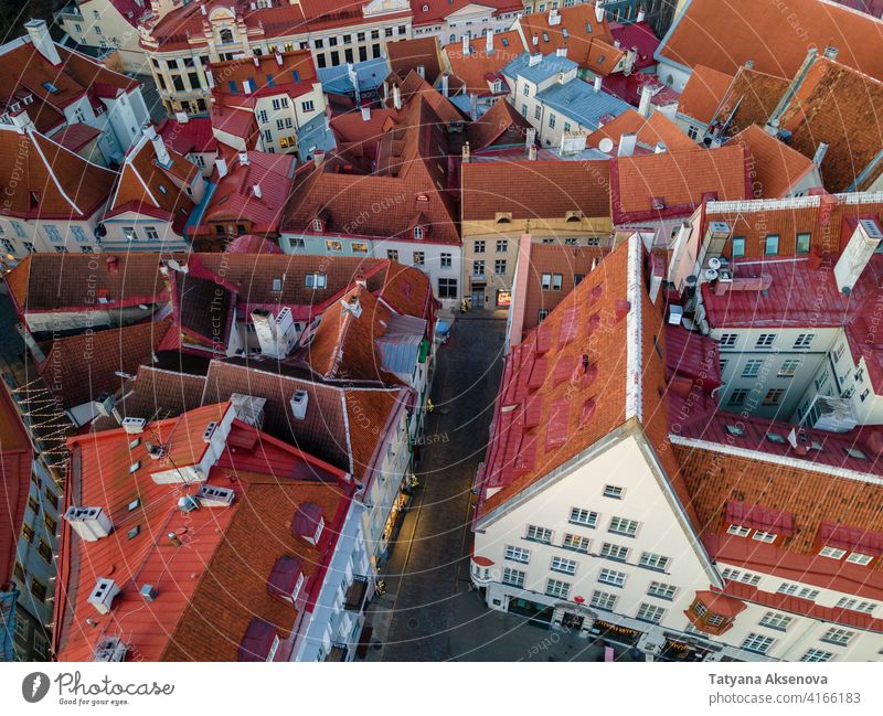 Aerial view to Tallinn Old Town estonia tallinn old town landmark aerial medieval roof famous red architecture building city baltic travel cityscape tower