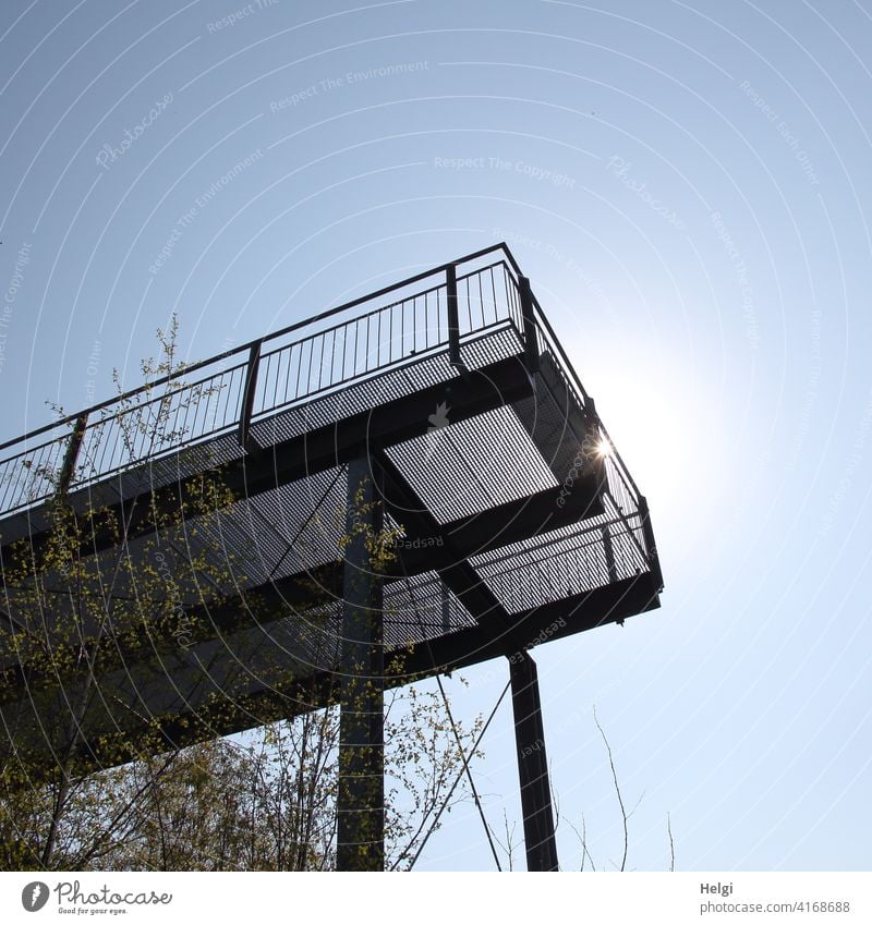 sunny view - metal viewing platform in backlight, frog perspective vantage point Vantage point Platform Metal Worm's-eye view Back-light Sunlight sunshine Light