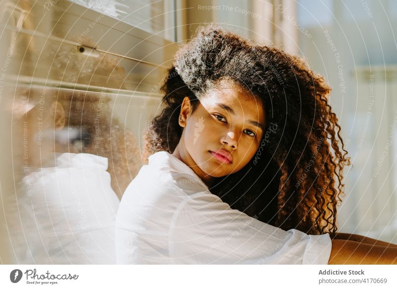 Tranquil ethnic woman sitting near window hair afro hairstyle relax tranquil sunlight calm young african american black female gorgeous hairdo curly hair