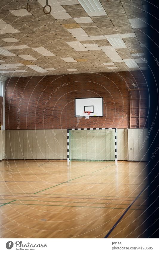 Gym with goal and basket Gymnastics Basketball School School sport gymnasium Basketball basket Soccer Goal Foot ball handball goal Hand ball old school