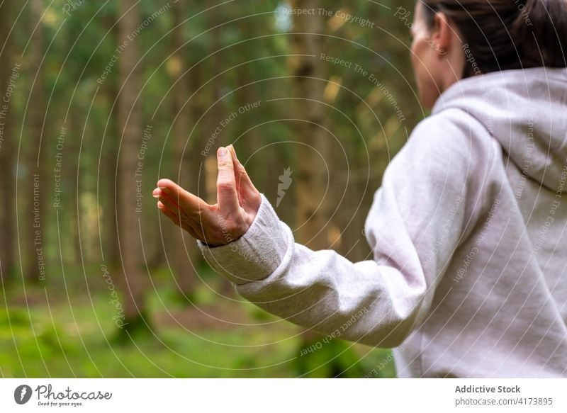 Calm woman doing yoga in forest meditate traveler woods nature lotus pose padmasana tranquil female eyes closed relax wellness harmony posture stump tree zen