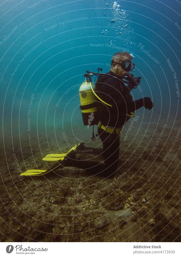 Diver swimming in deep ocean among aquatic vegetation underwater fish nature sea colorful background blue environment tropical adventure scuba dive vacation