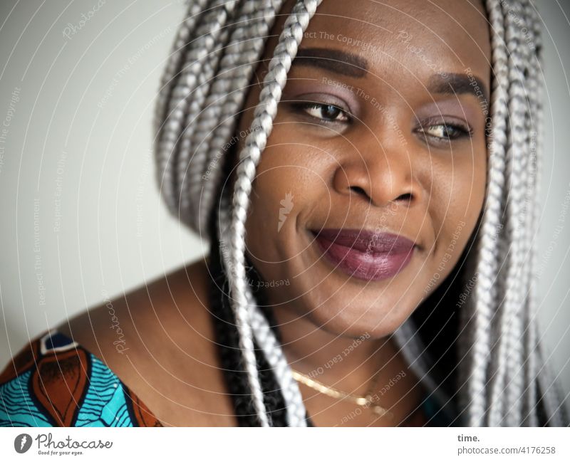 gené Feminine Woman Gray-haired Dress hollowed flower dress Plaited Hair and hairstyles Front view portrait Esthetic Curiosity Life Watchfulness Sympathy