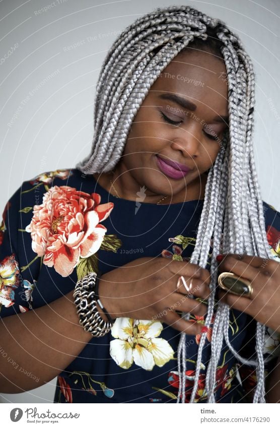 gené Feminine Woman Gray-haired Dress hollowed flower dress Plaited Hair and hairstyles Front view portrait Esthetic Curiosity Life Watchfulness Sympathy