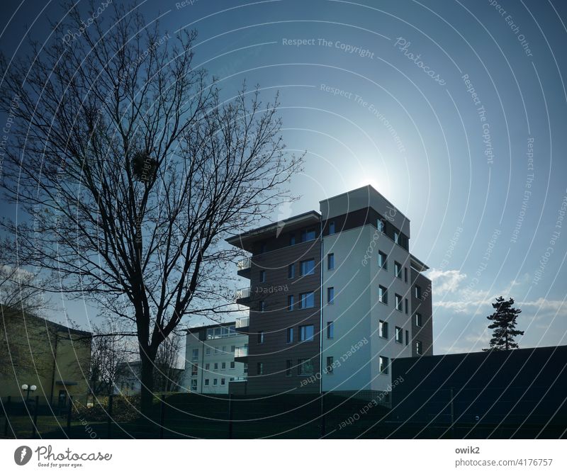 New settlement House (Residential Structure) Silhouette Back-light Sharp-edged Modern Large Tall Sky Clouds Copy Space top Copy Space right Tree houses