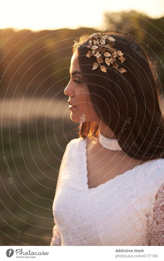 Charming bride in white gown standing on footbridge in forest white dress boho wedding elegant grace woman nature brunette female bridal romantic young marriage