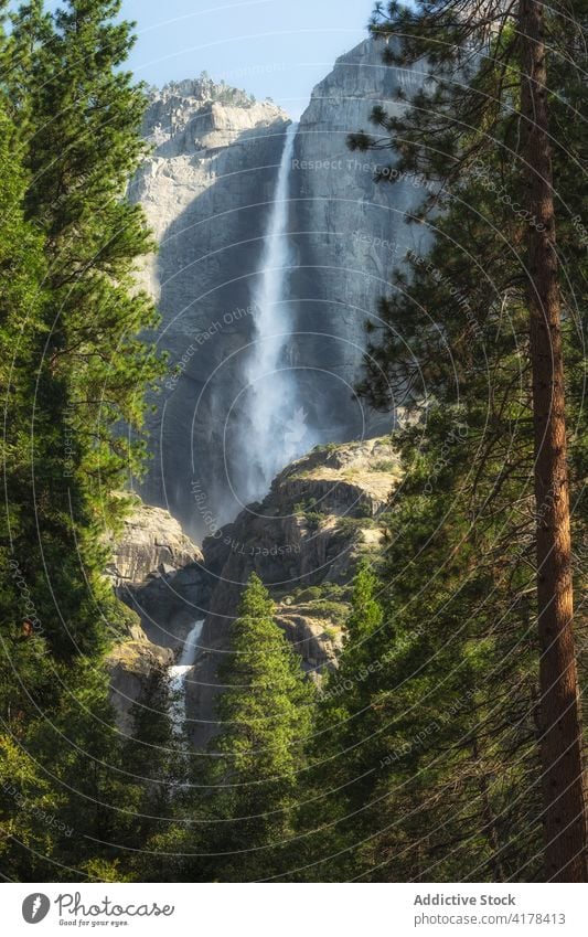 Amazing waterfall in mountains on sunny day yosemite national park scenery flow highland landscape rocky california america united states usa nature