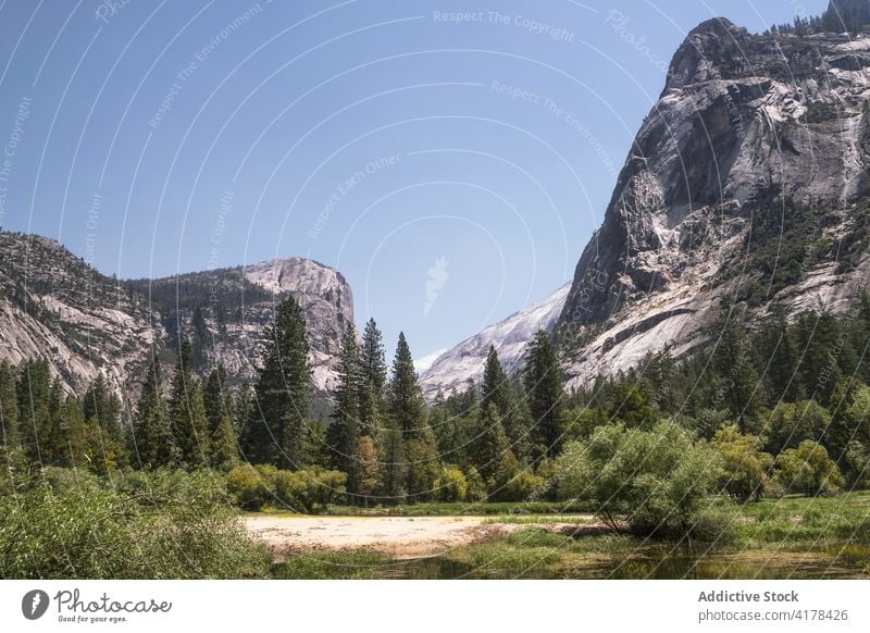 Scenic view of mountains and river in rocky area yosemite national park range magnificent landscape calm california usa united states america tranquil majestic