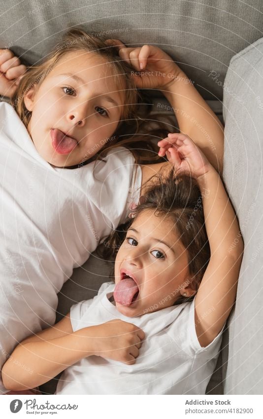 Content sisters showing tongues on cozy sofa girl tongue out grimace cheerful happy make face show tongue childish having fun playful children content glee joy