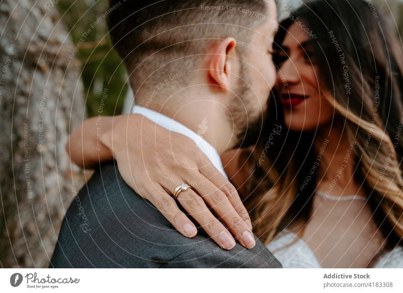 Romantic young newlyweds cuddling on alley in forest on sunny autumn day couple cuddle love wedding romantic relationship kiss elegant leafless rustic tree