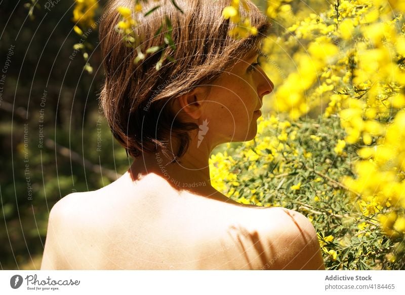 Naked female enjoying smell of blooming tree in garden woman relax harmony nature idyllic flower blossom adult bare shoulders peaceful rest serene flora growth