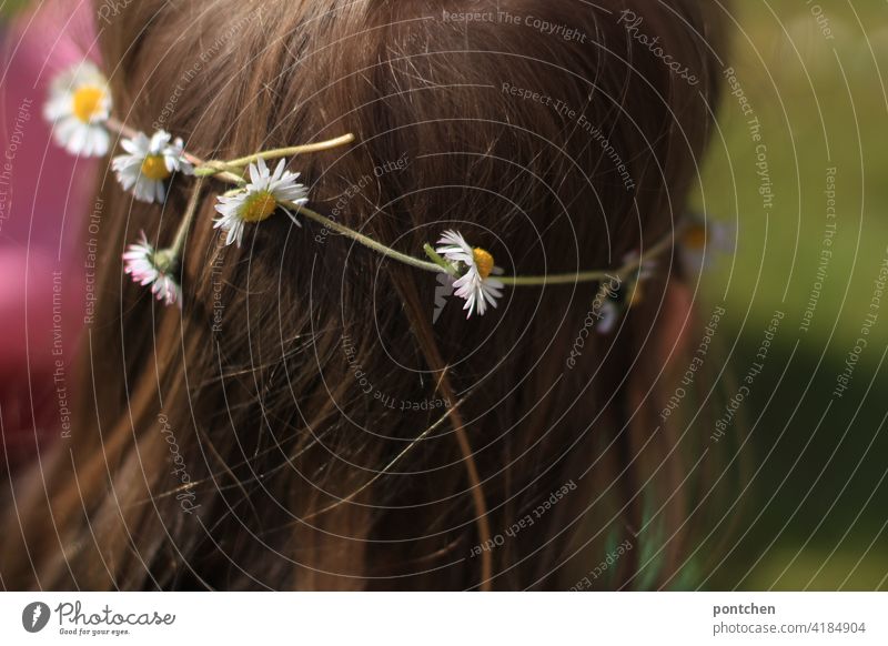 a flower wreath on children's hair. natural hair decoration. daisies wreath of hair flowers Blossom naturally Back of the head Hair accessories Wedding