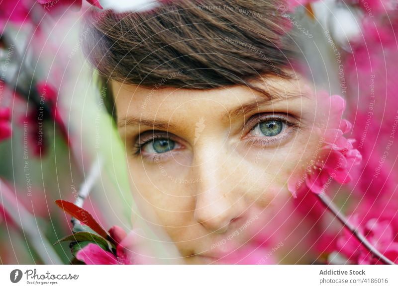 Tranquil adult lady resting in garden among blooming flowers woman recreation pensive calm nature idyllic harmony peaceful relax serene female short hair