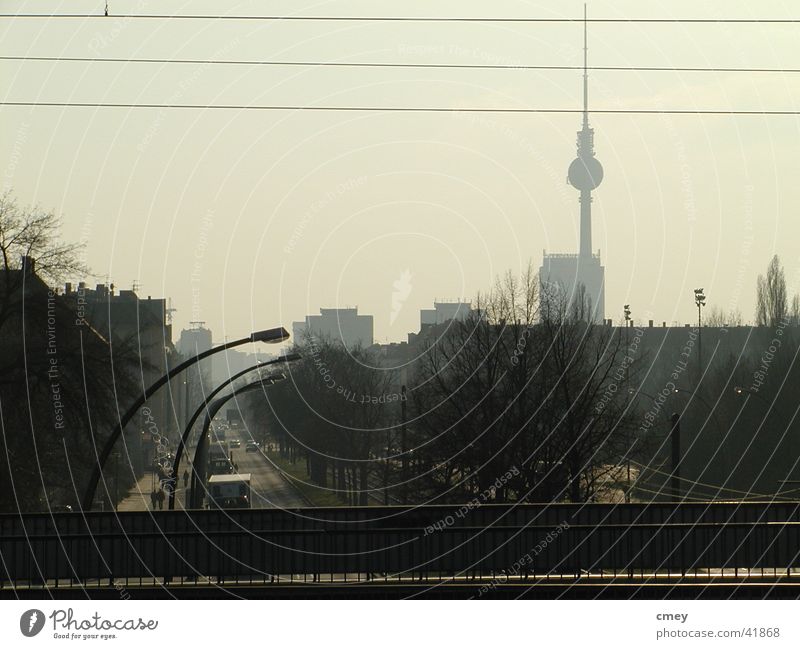 Berlin Greifswalder Str Fog Commuter trains Dusk Things Berlin TV Tower