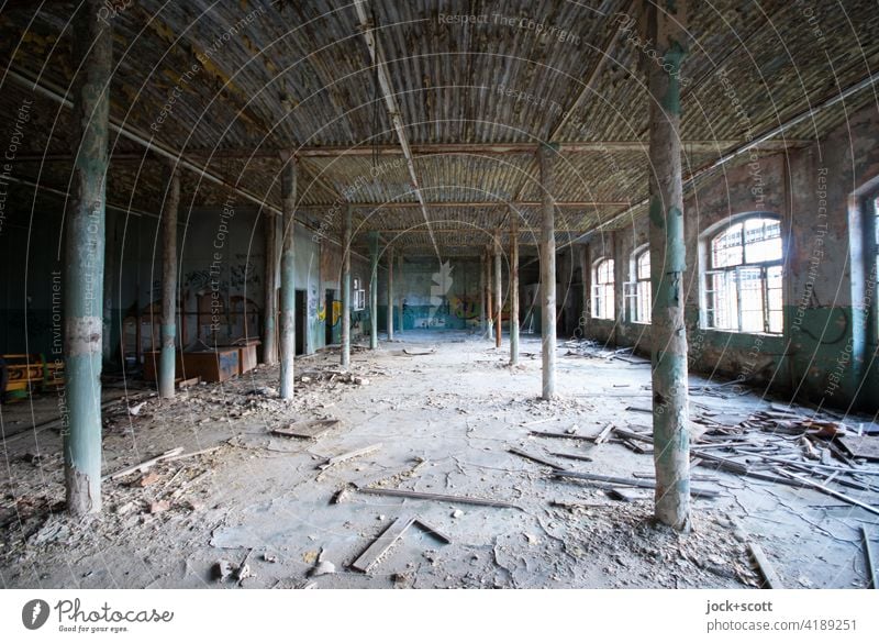 lost in the dusty room lost places Decline Transience Change Old Ravages of time Ruin Destruction Dirty Dust Factory Architecture Apocalyptic sentiment columns