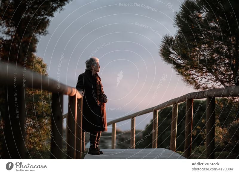 Senior lady admiring sunset over ocean from boardwalk woman admire seascape beach traveler enjoy nature vacation relax female elderly casual wooden pier