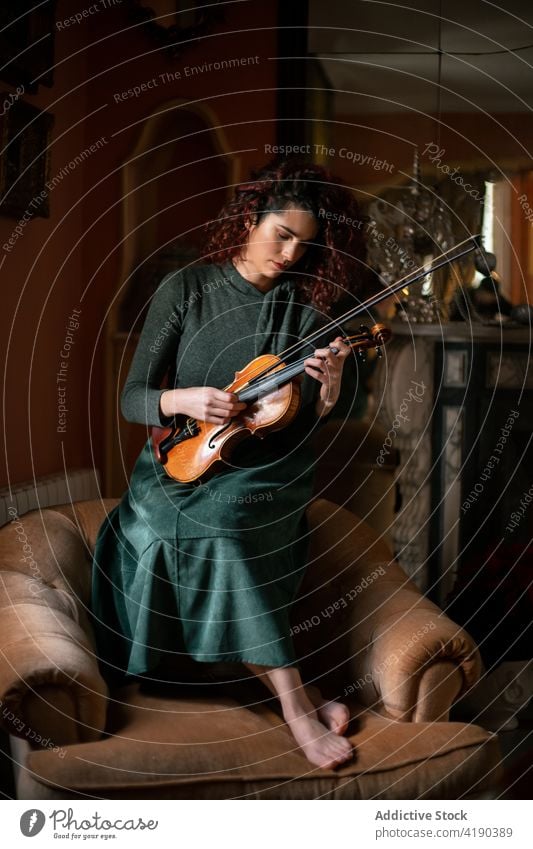 Talented violinist playing in room woman musician classic armchair rehearsal instrument vintage talent female melody sound art focus inspiration lady