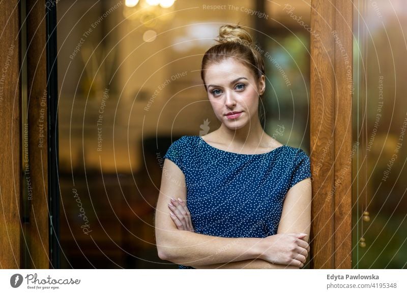 Portrait of confident businesswoman in office girl people Entrepreneur successful professional young adult female lifestyle indoors millennial attractive