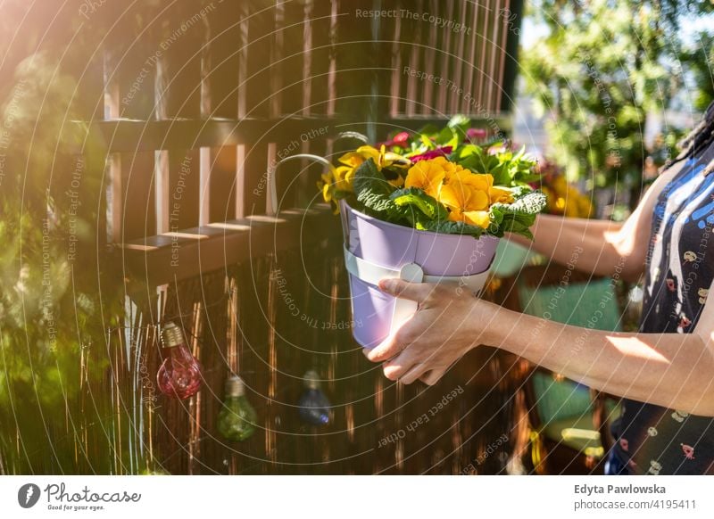 Young woman taking care of her plants on the balcony holding hands colorful blooming fresh floral decoration blossom beautiful hobby florist pot natural person