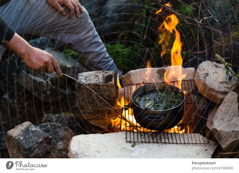 Friends camping eating food concept. A warm fire you to drink and camp in the mountains bonfire burn campfire cook flame heat hot nature outdoor picnic travel