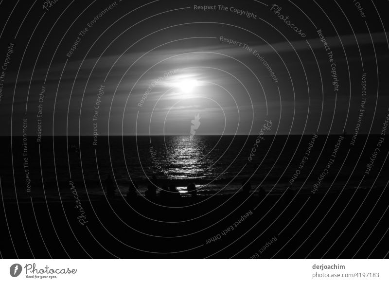 Soon it's dark in South Australia at the beach of Adelaide. Only water, sky and the sun and a few shadows of figures on the sea. Beach coastal strip Nature