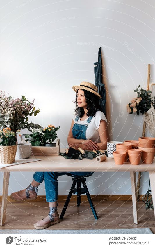 Gardener sitting at table in house near plant and flowers gardener cut foliage botany vegetate natural woman assorted tool trowel pot straw hat feminine