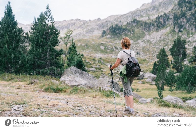 Anonymous active woman walking with poles on stony hill slope pole walking path energy trekking nordic walking physical tourism focus ruda valley adult lleida