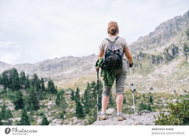 Unrecognizable woman with walking poles in picturesque highlands pole walking freedom excited trekking achieve vitality win mountaineer ruda valley catalonia