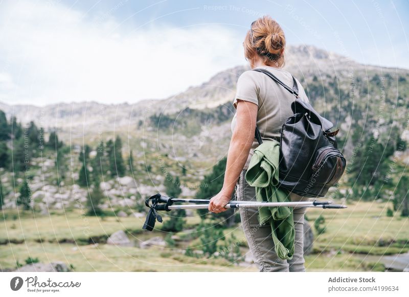 Unrecognizable woman with walking poles in picturesque highlands pole walking freedom excited trekking achieve vitality win mountaineer ruda valley catalonia