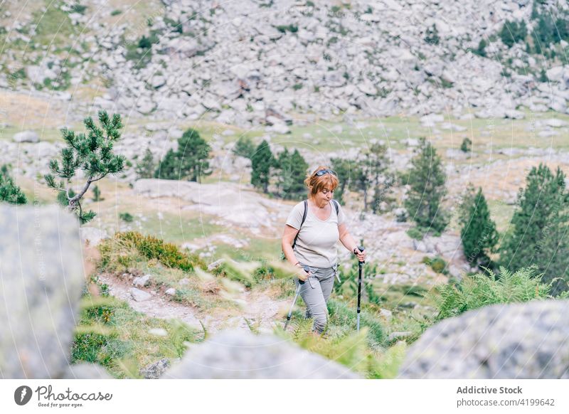 Active woman walking with poles on stony hill slope pole walking active path energy trekking nordic walking physical concentrate tourism focus ruda valley adult