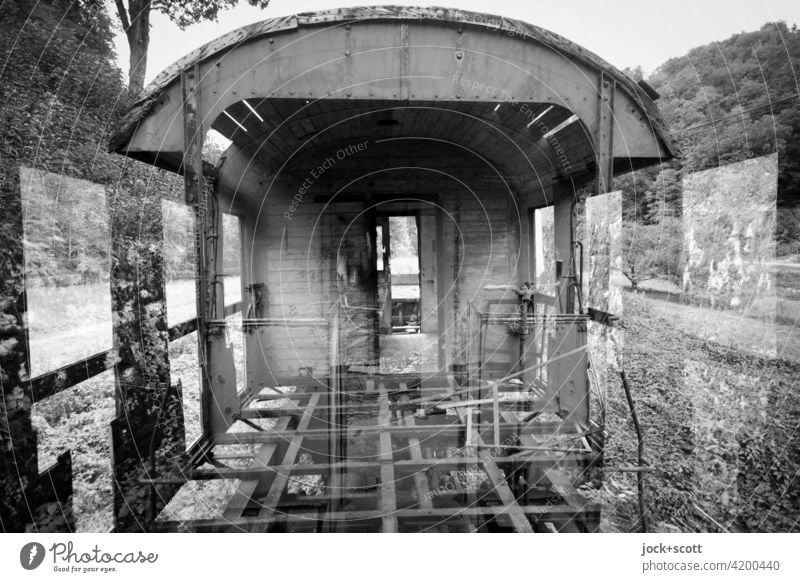 A long journey through time Railroad car Double exposure Illusion Apocalyptic sentiment Ravages of time siding Change Decline Exceptional Structures and shapes