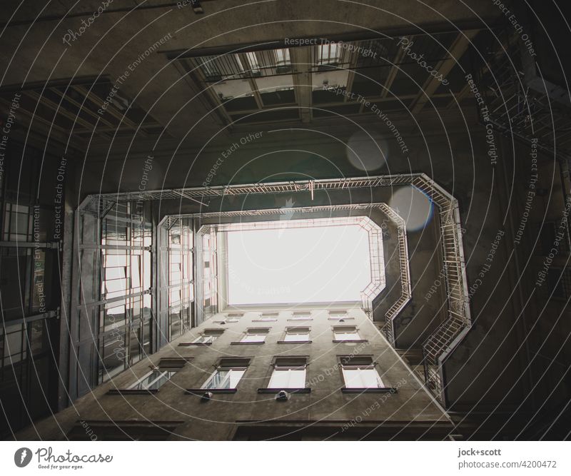 it's dripping again in the atrium Town house (City: Block of flats) Budapest Facade Architecture rail Retro Past Gray Gloomy Well of light Weathered