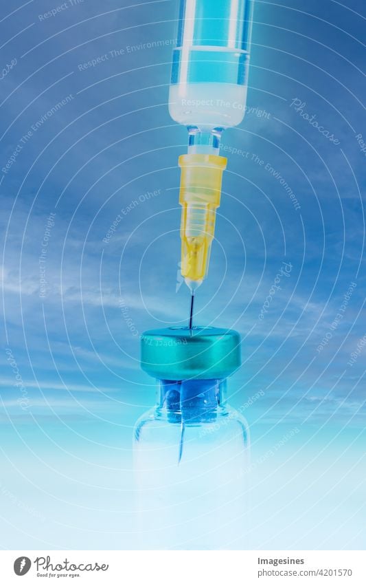 Syringe and vaccine with blue sky clouds Blue Sky Clouds concept research medicine Pharmaceutics Health care Help analysis background Bottle Cannula clear