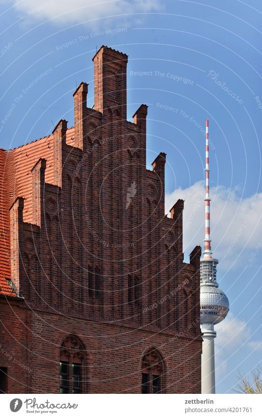 Television tower behind the Märkisches Museum alex Alexanderplatz Architecture Berlin Office city Germany Twilight Worm's-eye view radio and ukw tower