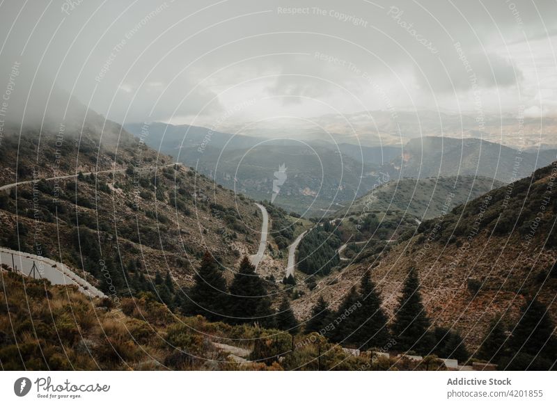 Mountainous terrain covered with greenery under gloomy sky highland hill mist scenic nature environment fog spacious cloudy countryside landscape cadiz spain