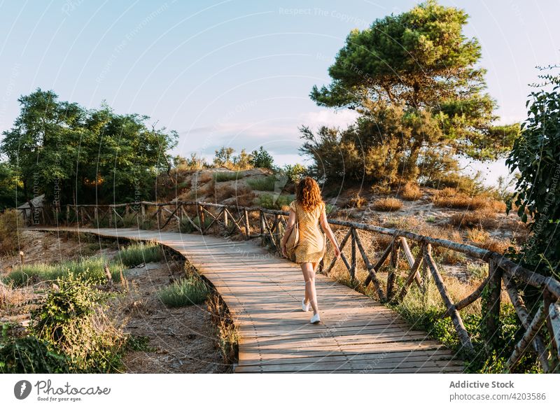 Woman walking along boardwalk in summer woman wooden pathway dress stroll nature sunny female upstairs walkway peaceful serene idyllic harmony tranquil calm