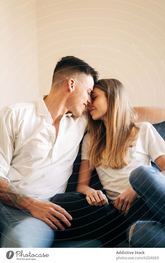 Loving couple cuddling on sofa love relationship touch forehead caress cuddle romantic boyfriend girlfriend couch bonding fondness living room affection home