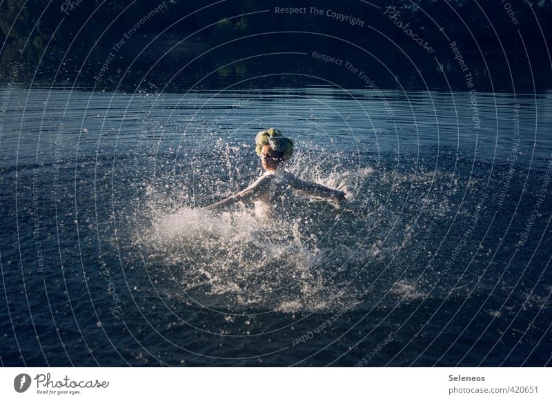 pitche patsche Summer Sunbathing Human being Feminine Woman Adults 1 Environment Nature Landscape Water Drops of water Waves coast Lakeside River bank Pond