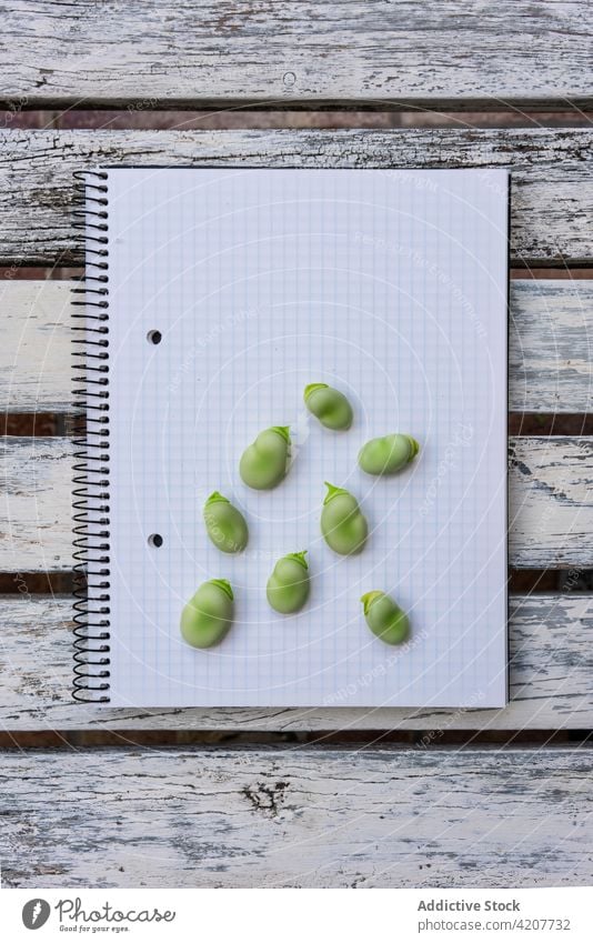 Green beans on notebook on table fresh raw notepad food healthy green natural desk paper page blank wooden nutrition diet greenery minimal organic simple