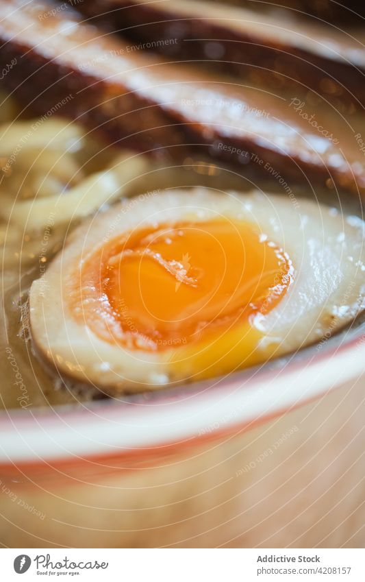 Detail of Yummy Ramen Soup closeup close up ramen ramen soup egg yummy macro japanese food asian restaurant boiled egg noddles nooddles soup japanese soup